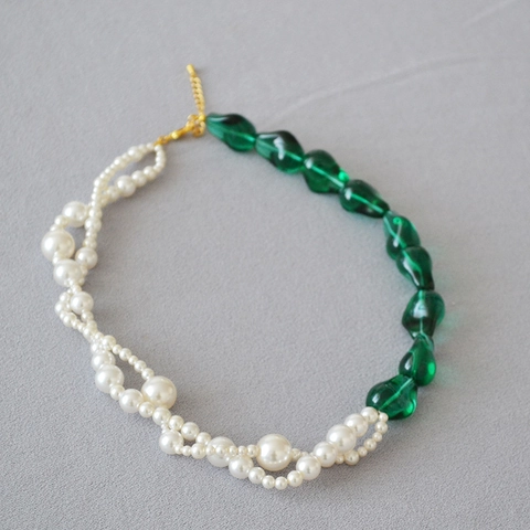 Collar Barroco Vintage Hecho a Mano de Latón Chapado en Oro Con Perlas Artificiales y Vidrio Patchwork para Mujer Joyería