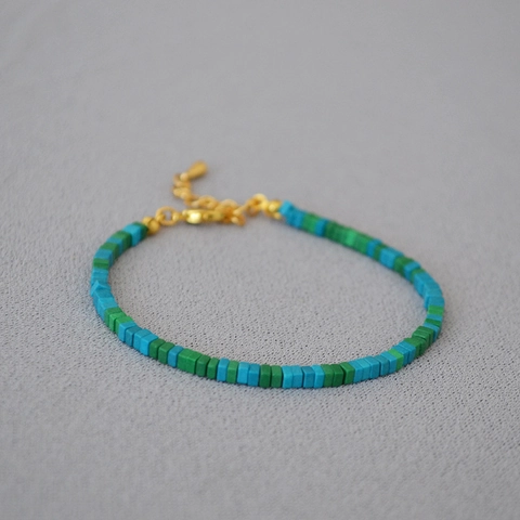 Bracciale Retrò con Perline Quadrate di Turchese Verde Muschio per Donna Ottone Placcato Oro Catena Geometrica Gioielli