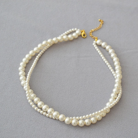 Elegante Collana di Perle Artificiali a Doppio Strato Design con Grani Tondi Graduati Chiusura in Lega Regolabile Donna