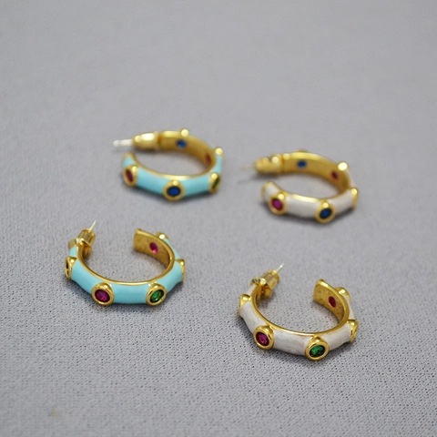 Vintage Messing Bunter Zirkonia C-Form Reifen Ohrringe Für Damen Emaille Handgefertigt 925 Sterlingsilber Stift Schmuck Geschenk