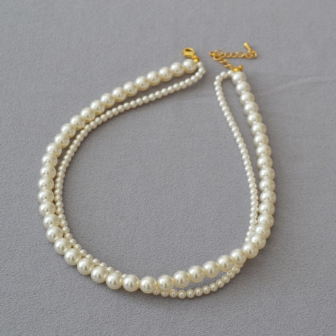 Elegante Collana di Perle Artificiali a Doppio Strato Design con Grani Tondi Graduati Chiusura in Lega Regolabile Donna