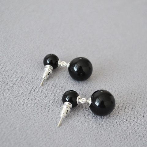 Minimalisti Orecchini a Bottone con Perla Tonda in Agata Nera Con Perno in Argento 925 Trendy Eleganti Orecchini a Sfera Donna