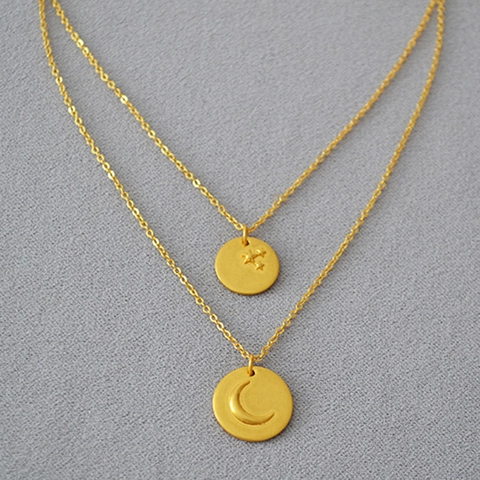 Collar de Doble Capa Chapado en Oro de Latón Vintage Colgante de Moneda Estrella Luna Cadena de Suéter para Mujer Joyería