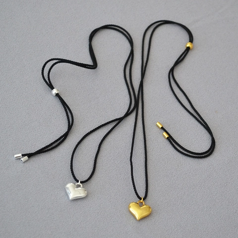 Collar Con Colgante De Corazón De Latón Minimalista Para Mujer Hombre Cadena De Cuerda Negra Ajustable Joyas De Corazón Pulido