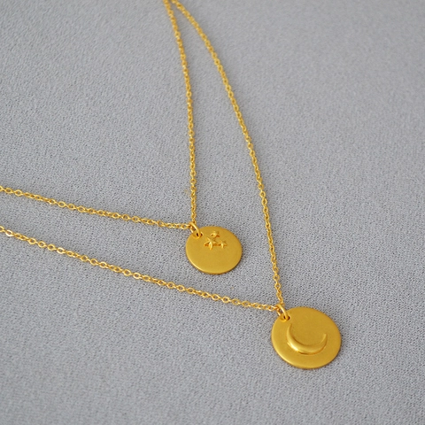 Collar de Doble Capa Chapado en Oro de Latón Vintage Colgante de Moneda Estrella Luna Cadena de Suéter para Mujer Joyería