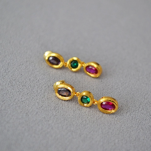 Vintage Brass Gold Plated Multicolor Zirconia Stud Earrings With 925 Sterling Silver Earring Post Elegant Jewelry For Women
