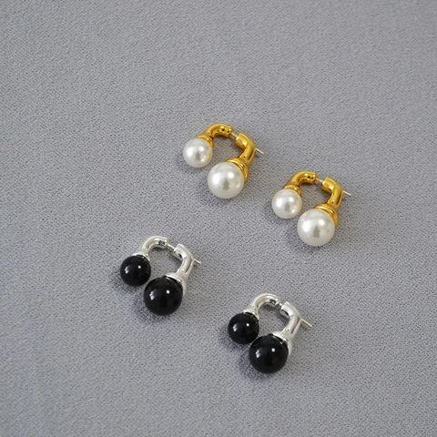Pendientes de Botón de Doble Cuenta de Latón Minimalistas Con Poste de Plata de Ley 925 Pendientes Geométricos Perla Artificial Estilo Ágata Joyería Mujer