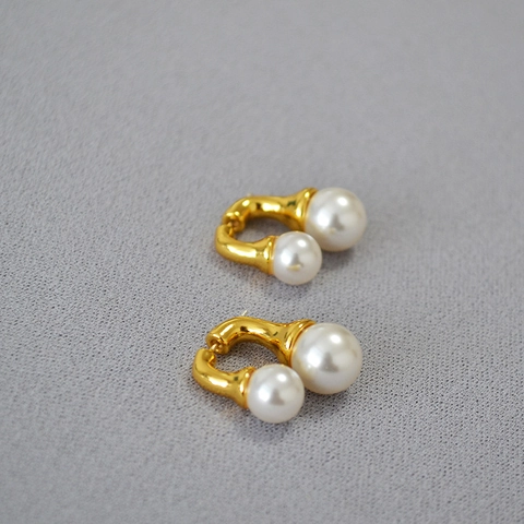 Pendientes de Botón de Doble Cuenta de Latón Minimalistas Con Poste de Plata de Ley 925 Pendientes Geométricos Perla Artificial Estilo Ágata Joyería Mujer