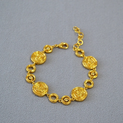 Pulsera de Eslabones de Latón Bañado en Oro 18K Vintage con Flor de Rosa y Circonia Incrustada para Mujer Joyería Elegante