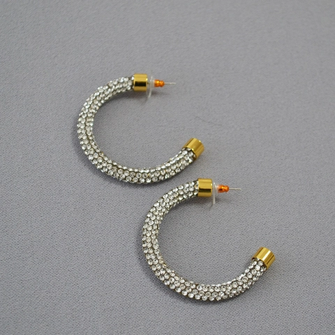 Orecchini a Cerchio a C Esagerati in Ottone Placcato Oro per Donna Gioielli con Strass Pavé Brillanti e Perno in Argento 925