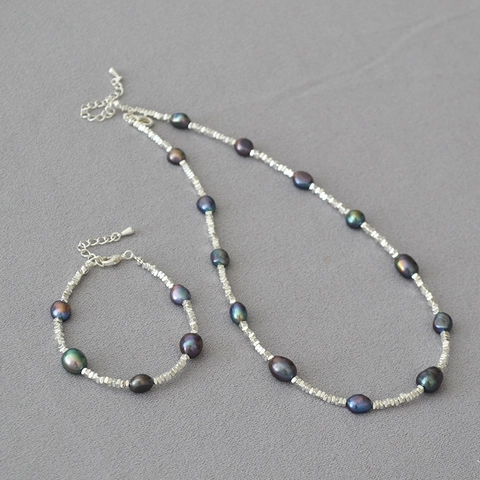 Set di Collana e Bracciale in Perle d'Acqua Dolce Barocche Irregolari Vintage Perle Nere Cangianti Gioielli Donna