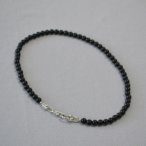 Collana Vintage in Agate Nera con Perline per Donna Rame Galvanico Stile Industriale Chiusura a U Gioielli Moda