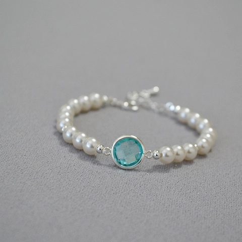 Elegante Pulsera de Latón para Mujer Con Perlas Artificiales y Diamantes de Imitación Facetados Azul Claro Pulsera de Cuentas Ajustable Joyería Regalo