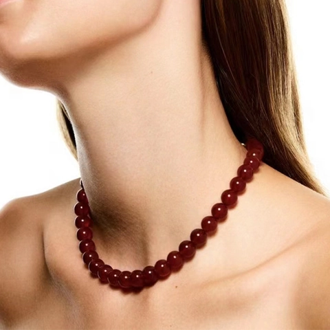 Handgemaakte Agaat Kralenketting Voor Vrouwen Retro Grote Ronde Steen Choker Minimalistische Titanium Staal Sluiting Mode Sieraden Cadeau