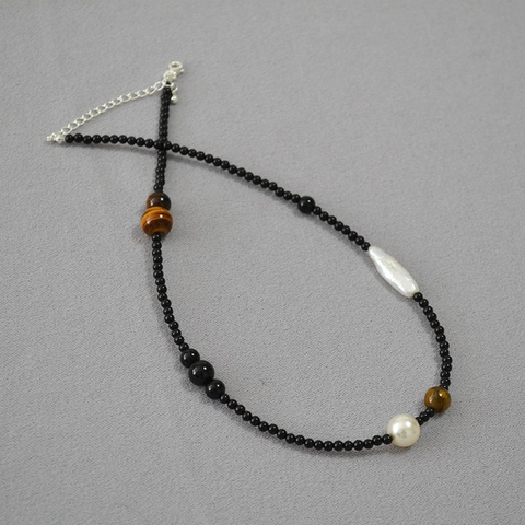 Collier Asymétrique Vintage Fait à la Main en Agate Noire Oeil de Tigre Perle Artificielle Chaîne de Clavicule Réglable Bijoux Femme