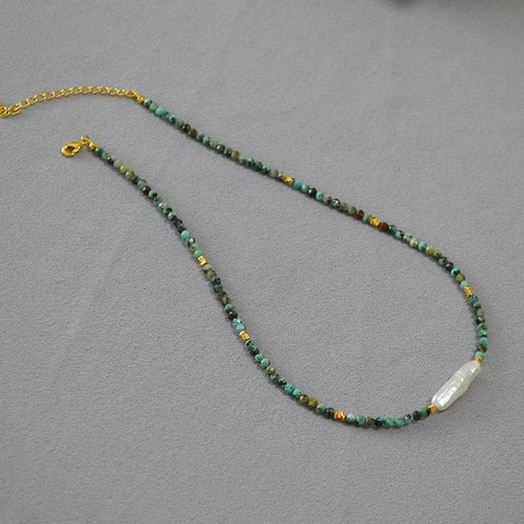 Collar de Cuentas de Turquesa Hecho a Mano Con Perla Barroca de Agua Dulce Irregular Artístico Vintage Mujer Joyería