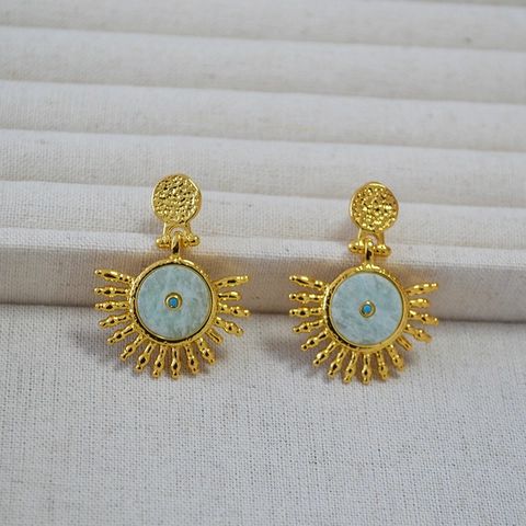 Vintage Bohemian Sun Amazonite Drop Earrings 18K Gold Plated Brass Hammered Texture Ethnic Evil Eye Stud Earrings For Women