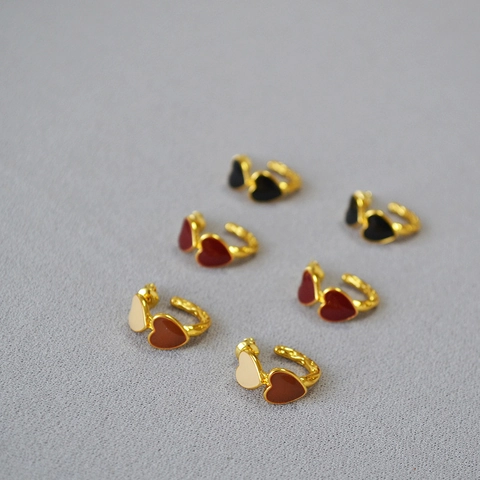 Pendientes de Aro Vintage Esmalte Hechos a Mano Doble Corazón Joyas de Cobre Estilo Maillard Poste Plata de Ley 925