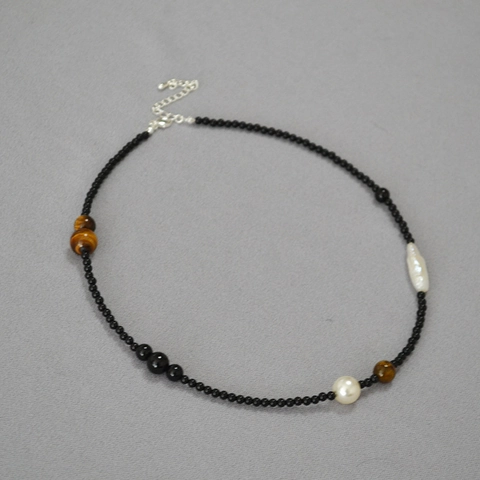 Collier Asymétrique Vintage Fait à la Main en Agate Noire Oeil de Tigre Perle Artificielle Chaîne de Clavicule Réglable Bijoux Femme
