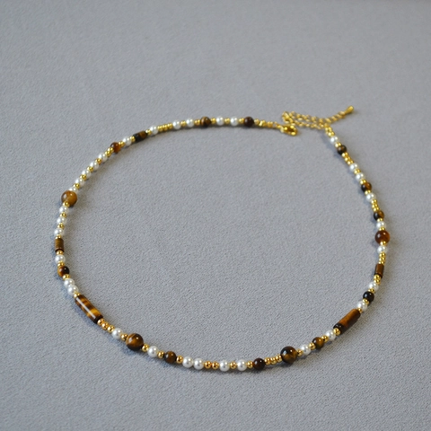 Collar de Cuentas de Piedra de Ojo de Tigre y Perla Artificial Vintage para Mujer Asimétrico Cobre Chapado en Oro
