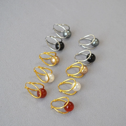 French Style Elegant Double Hoop Earrings For Women Copper Gold Plated With Artificial Pearl Agate Geometric Line Ear Clip Fashion Jewelry