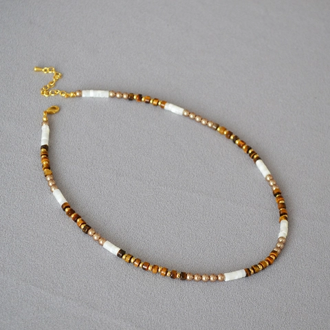Handgemachte Perlenhalskette Tigerauge Weißes Perlmutt Künstliche Perle Messing Retro Bohemian Schmuck Für Damen