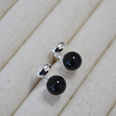 Pendientes de Botón Desmontables de Cobre Plateado con Ágata Negra y Poste de Plata de Ley 925 para Mujer Joyería