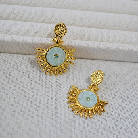 Vintage Bohemian Sun Amazonite Drop Earrings 18K Gold Plated Brass Hammered Texture Ethnic Evil Eye Stud Earrings For Women