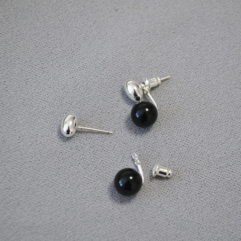 Pendientes de Botón Desmontables de Cobre Plateado con Ágata Negra y Poste de Plata de Ley 925 para Mujer Joyería