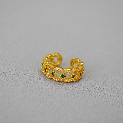 Anello Aperto in Stile Francese Vintage Palazzo Pizzo Traforato Ottone Placcato Oro 18K Zirconia Verde Regolabile Gioielli di Lusso Leggeri Donna