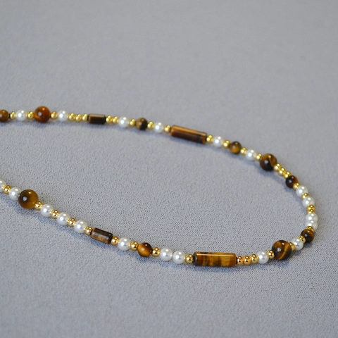 Collar de Cuentas de Piedra de Ojo de Tigre y Perla Artificial Vintage para Mujer Asimétrico Cobre Chapado en Oro