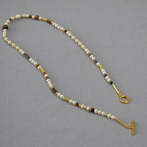 Collana da Donna in Stile Vintage Maillard Con Perle Artificiali Pietra Occhio di Tigre Ottone Placcato Oro Chiusura a T