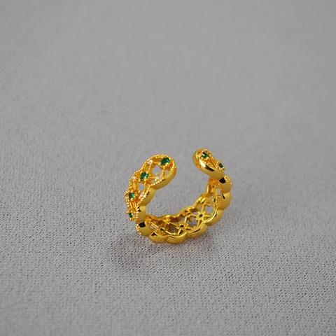 Anello Aperto in Stile Francese Vintage Palazzo Pizzo Traforato Ottone Placcato Oro 18K Zirconia Verde Regolabile Gioielli di Lusso Leggeri Donna