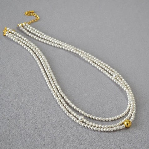 French Vintage Hepburn Style Elegant Multi-strand Artificial Pearl Necklace With Copper Gold Plated Bead Women Jewelry
