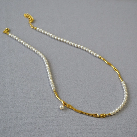 French Vintage Brass Plated Gold Branch Necklace With Artificial Pearl Splice Unique Organic Design Jewelry For Women