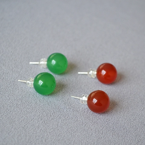 Natuurlijke Agaat Bolvormige Oorknopjes 925 Sterling Zilver Stift Franse Retro Elegant Rood Groen Minimalistisch Sieraden Dames