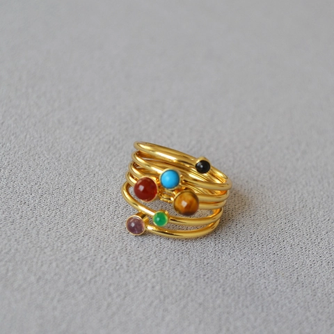 Anello a Spirale Multistrato in Ottone Placcato Oro Vintage per Donna Gioielli Boho Geometrici Intarsiati con Agata Naturale e Occhio di Tigre