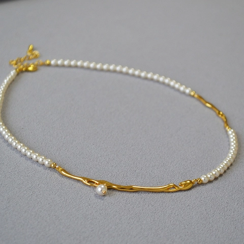 French Vintage Brass Plated Gold Branch Necklace With Artificial Pearl Splice Unique Organic Design Jewelry For Women