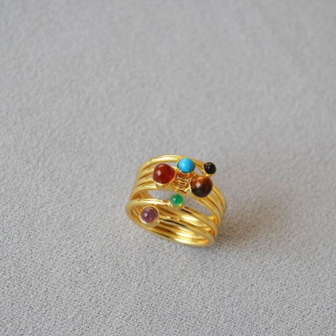 Anello a Spirale Multistrato in Ottone Placcato Oro Vintage per Donna Gioielli Boho Geometrici Intarsiati con Agata Naturale e Occhio di Tigre