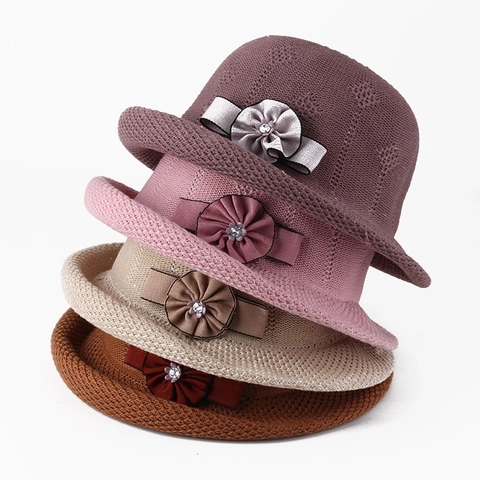 Chapeau Cloche en Tricot pour Femmes Protection Solaire Couleur Unie Jacquard avec Fleur en Strass pour Plage Été Voyage