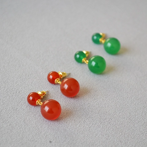 Orecchini a Bottone a Doppia Sfera in Agata Naturale Design Francese Perno in Argento Sterling 925 Gioielli Geometrici