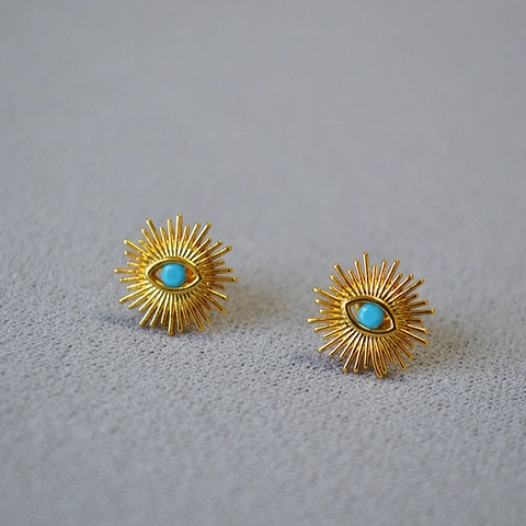 Orecchini a Bottone in Ottone Vintage Francese Placcati Oro 18K Malocchio con Perno in Argento Sterling 925 Zirconia Gioielli Donna