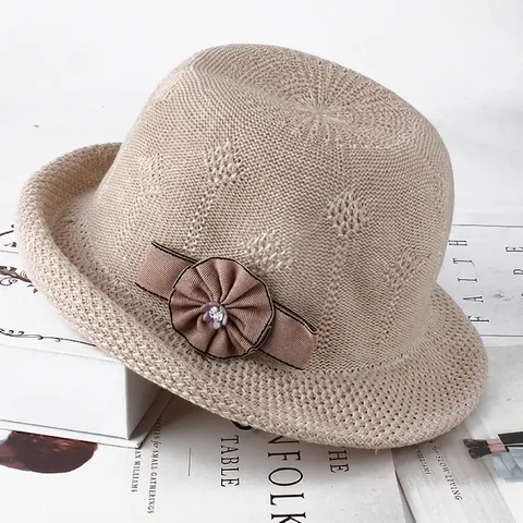 Chapeau Cloche en Tricot pour Femmes Protection Solaire Couleur Unie Jacquard avec Fleur en Strass pour Plage Été Voyage
