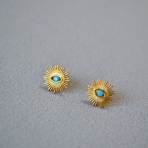 Orecchini a Bottone in Ottone Vintage Francese Placcati Oro 18K Malocchio con Perno in Argento Sterling 925 Zirconia Gioielli Donna