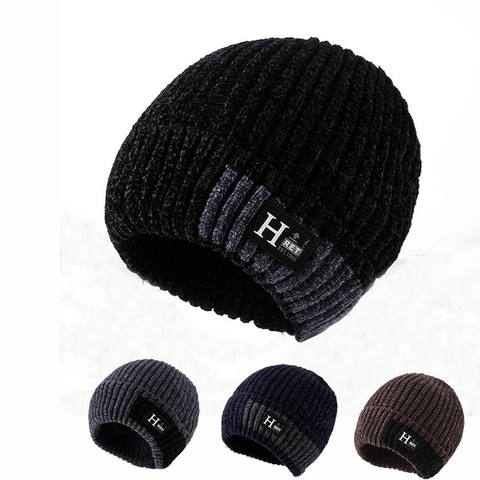 Bonnet en Tricot d'Hiver pour Homme Mélange de Coton Doublé Polaire Coupe-vent Jacquard Écusson Lettre