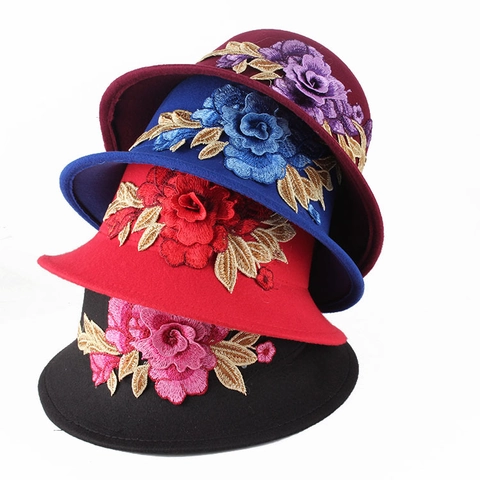 Chapeau Seau Vintage pour Femmes Broderie Florale Automne Hiver Chaud Sommet Rond Cloche Élégant Style Ethnique Mode Fête