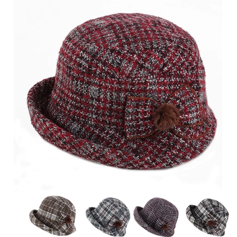 Women Winter Vintage Tweed Bucket Hat Cotton Polyester Plaid Warm Cloche Hat With Bow Pom-pom For Middle-Aged Elderly Women