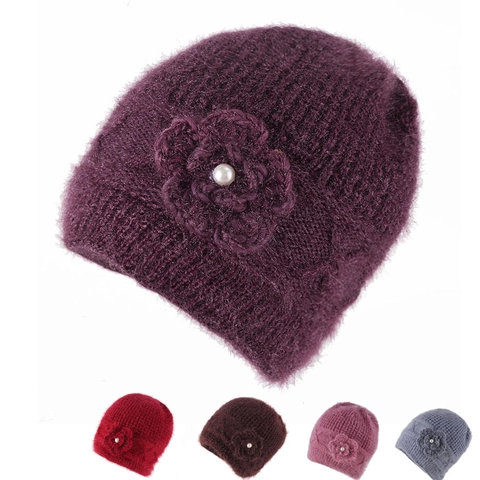 Women Autumn Winter Warm Knit Beanie Hat Cotton Polyester Blend Jacquard Thickened Woolen Hat With Flower Artificial Pearl Decor