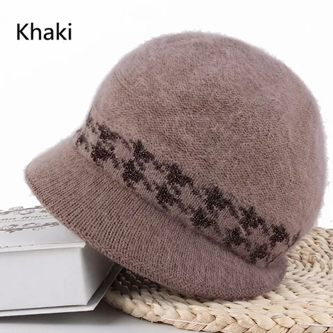 Bonnet en Maille Chaude d'Hiver pour Femmes Chapeau Bob en Peluche Épaissi Avec Bande Décorative Imprimée Élégant