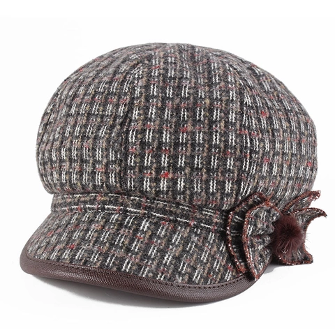 Women's Vintage Plaid Newsboy Cap Cotton Polyester Blend Warm Winter Octagonal Hat With Flower Pom Pom Decoration